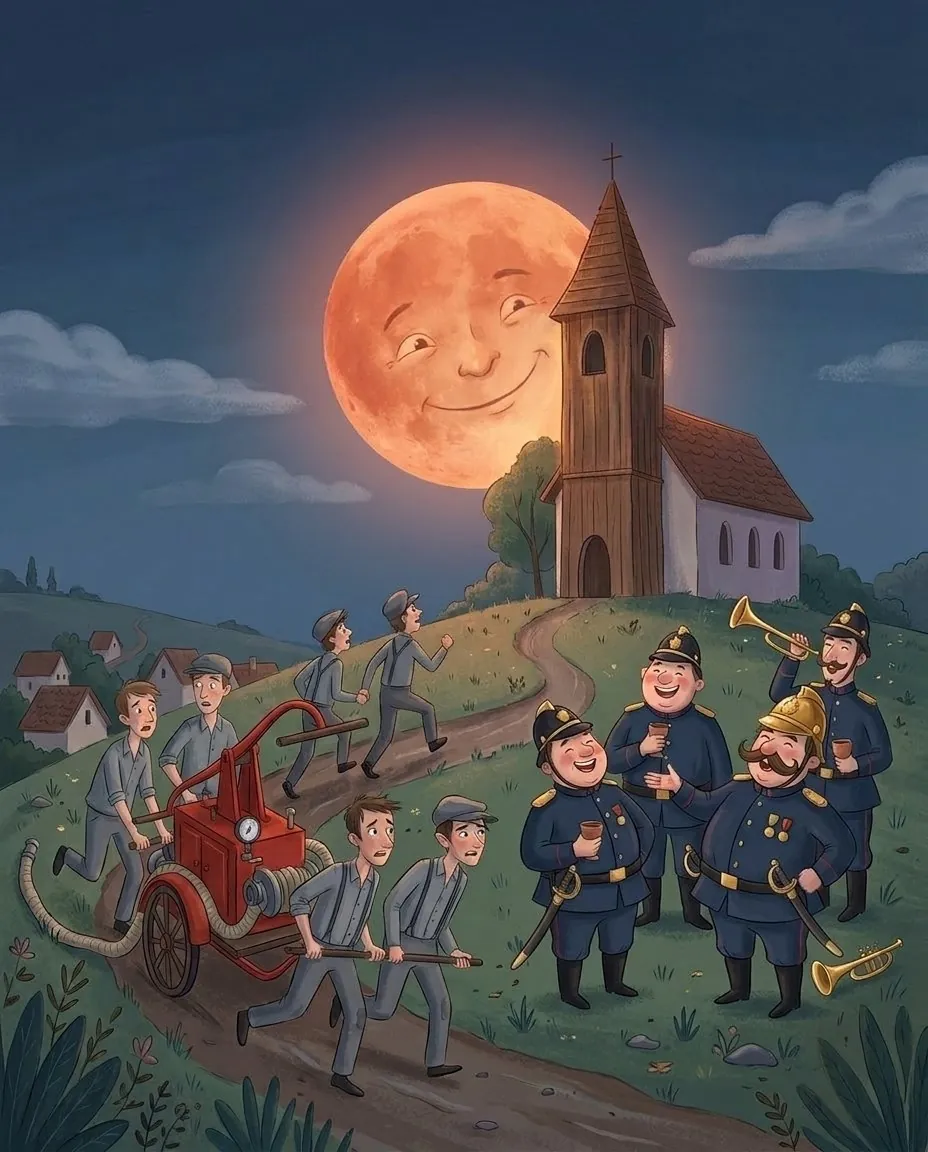 Za cerkvico na gričku vzhaja velika rdečkasta luna, upehani Tepanjčani pa pripeljejo svojo brizgalnico