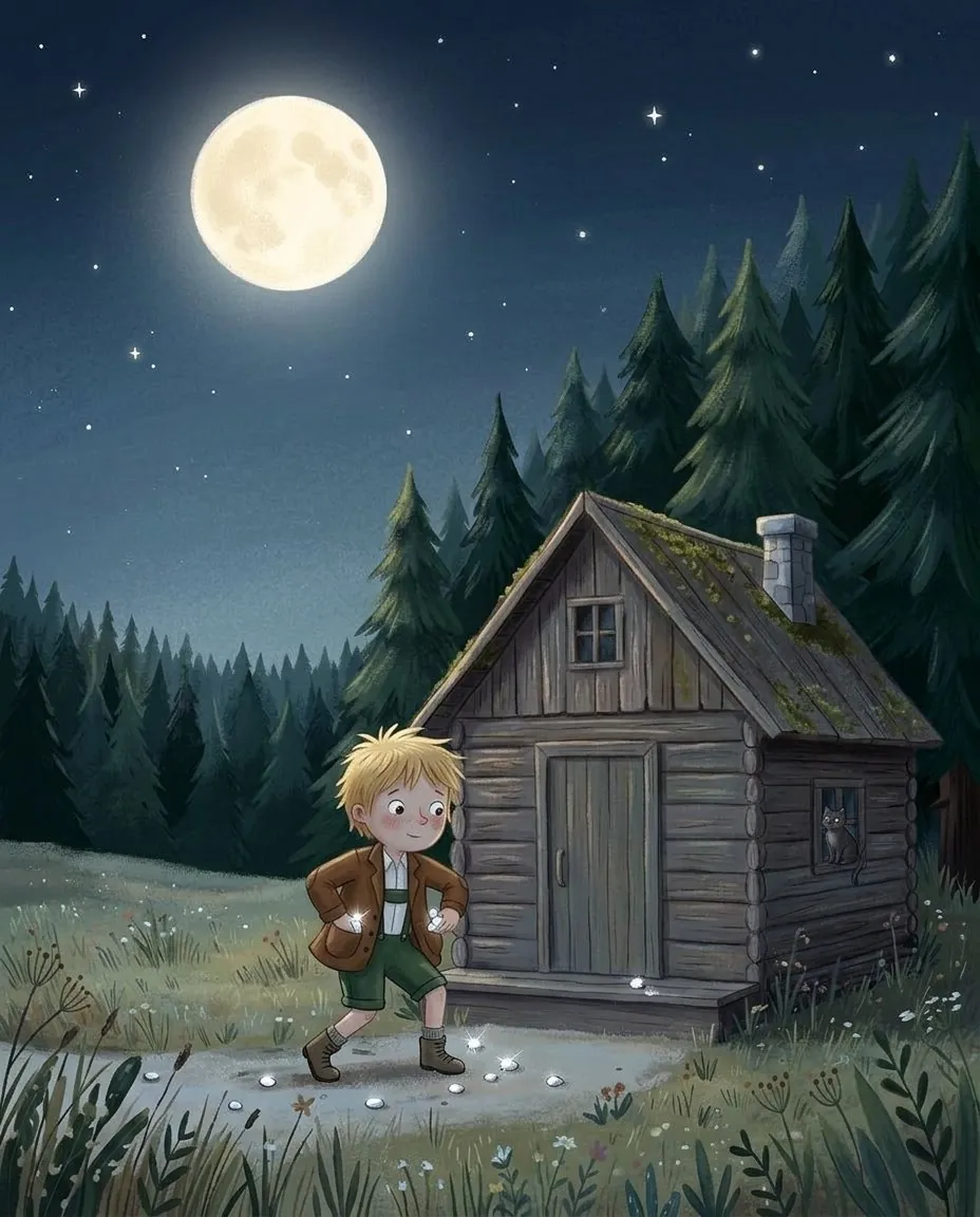 Janko ponoči v mesečini nabira bele prodnike pred hišo