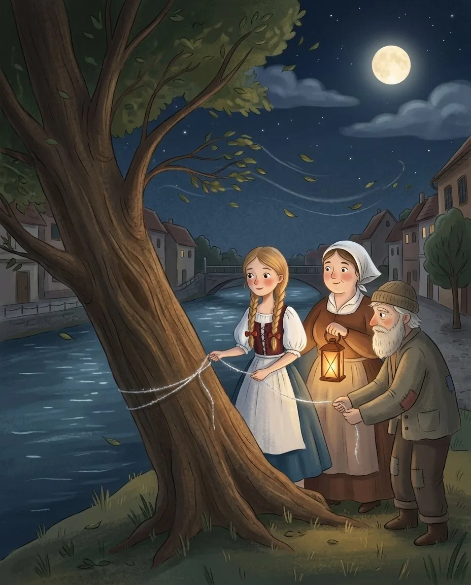 Urška, mama in stari čolnar privezujejo nevidno verigo na staro lipo, ki se nagiba proti reki
